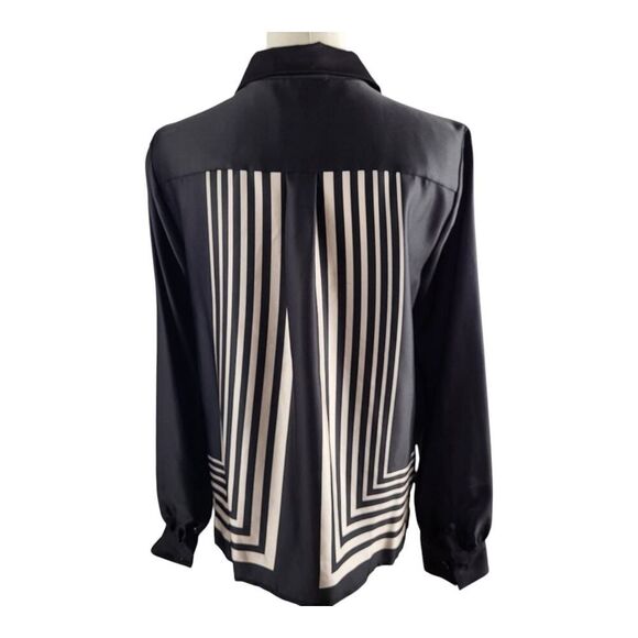 NEW Halogen Small Geo Boxed Black and White Striped Shirt Button-Up Retro Casual - Picture 7 of 15